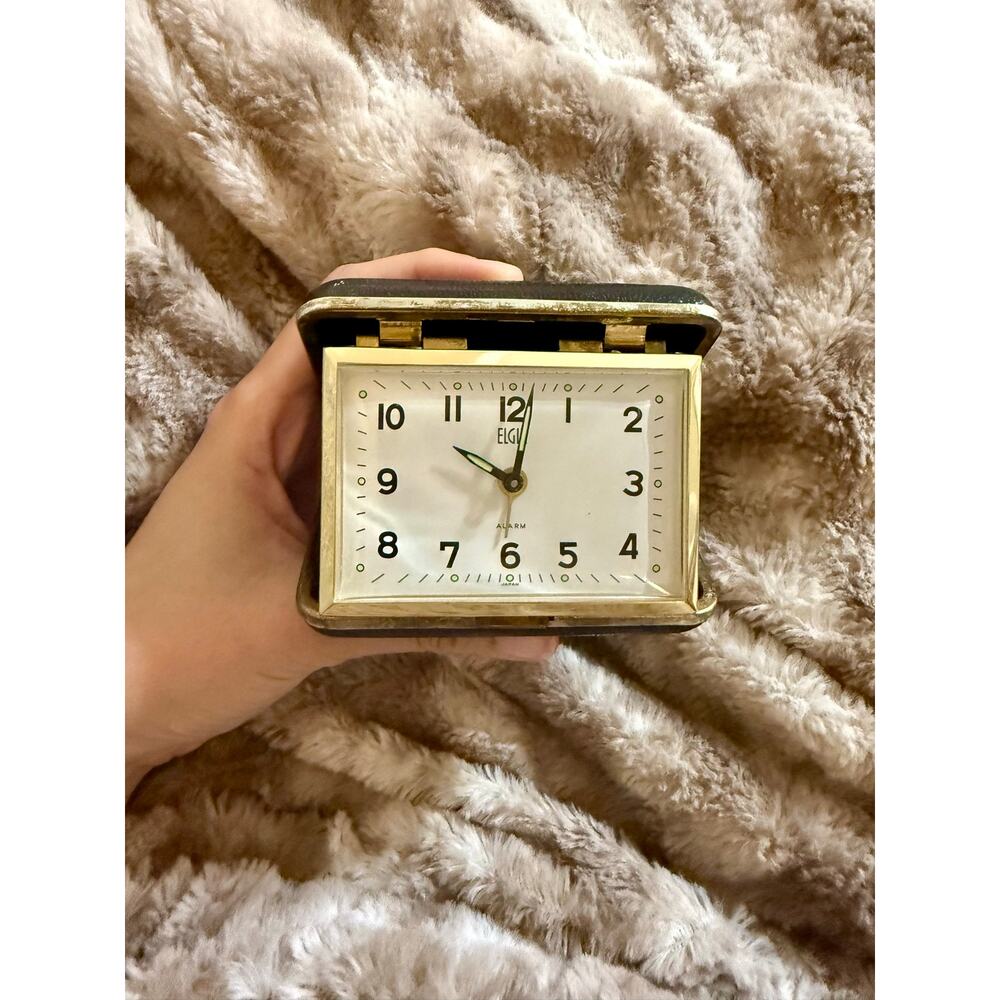 RARE Vintage Elgin Travel Alarm Clock Folding Brass Tone Case Made in Japan